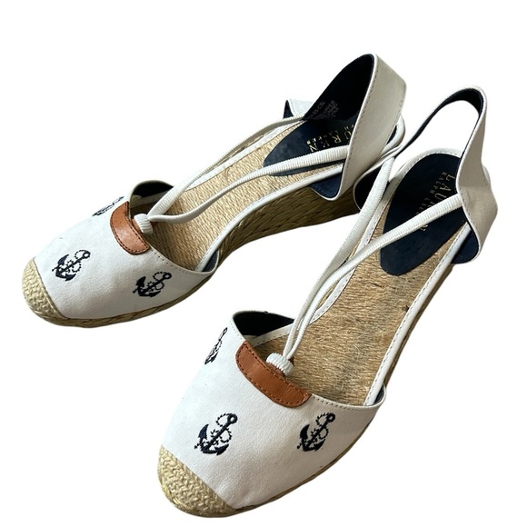 Lauren Ralph Lauren Coastal Nautical white/blue anchor straw heels size 11B - Picture 2 of 8